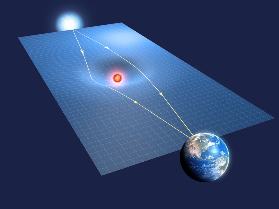 En illustration av hur en gravitationslins fungerar. Foto: Science Photo Library /TT En illustration av hur en gravitationslins fungerar. Foto: Science Photo Library /TT