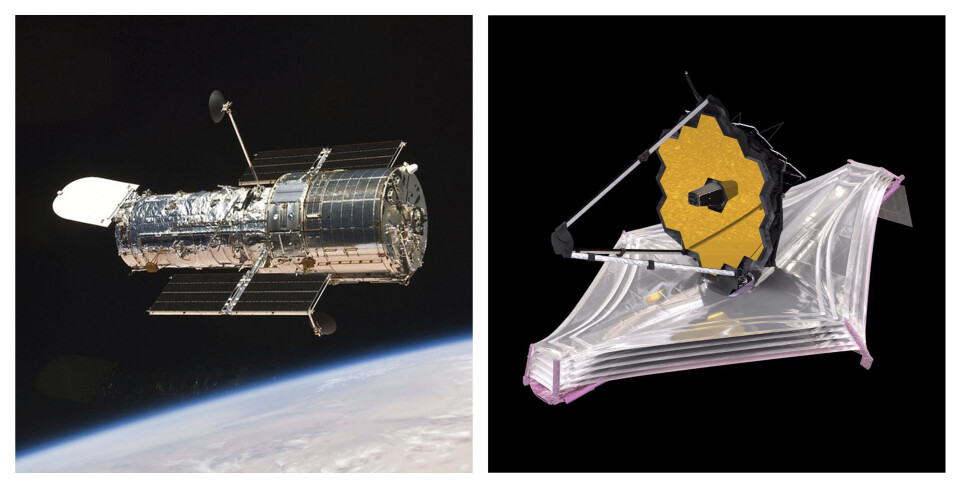 Hubble-teleskopet till vänster och en illustration av Webb-teleskopet till höger. Foto: NASA / AP / TT Hubble-teleskopet till vänster och en illustration av Webb-teleskopet till höger. Foto: NASA / AP / TT