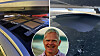 Ett krossat och tejpat glastak på en bil bredvid ett infällt runt porträtt av Sigge Frolov.