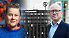 Montage med en kvinna och en man flankerande Scanias huvudkontor med logotyp.