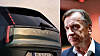 Bakpartiet på en Volvo EX60 bredvid ett porträtt av Håkan Samuelsson.