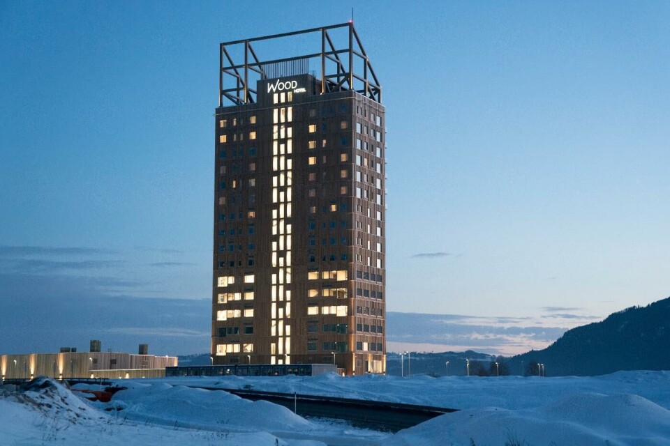 Mjøstårnet, Norge, 85,4 meter och 18 våningar högt. Foto: Erik Johansen Mjøstårnet, Norge, 85,4 meter och 18 våningar högt. Foto: Erik Johansen
