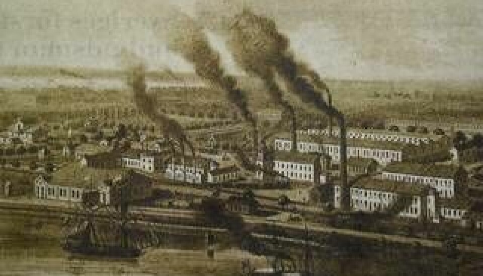 Litografi från 1872 som visar Jönköpings Tändsticksfabriks AB. Foto: WIKIMEDIA