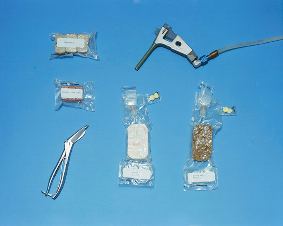 Matförpackningar för rymdfärden ombord på Gemini 4 år 1965. Här finns biff och sås, persikor, jordgubbsmüsli i fyrkanter och mackor med köttpålägg. Foto: Nasa Matförpackningar för rymdfärden ombord på Gemini 4 år 1965. Här finns biff och sås, persikor, jordgubbsmüsli i fyrkanter och mackor med köttpålägg. Foto: Nasa