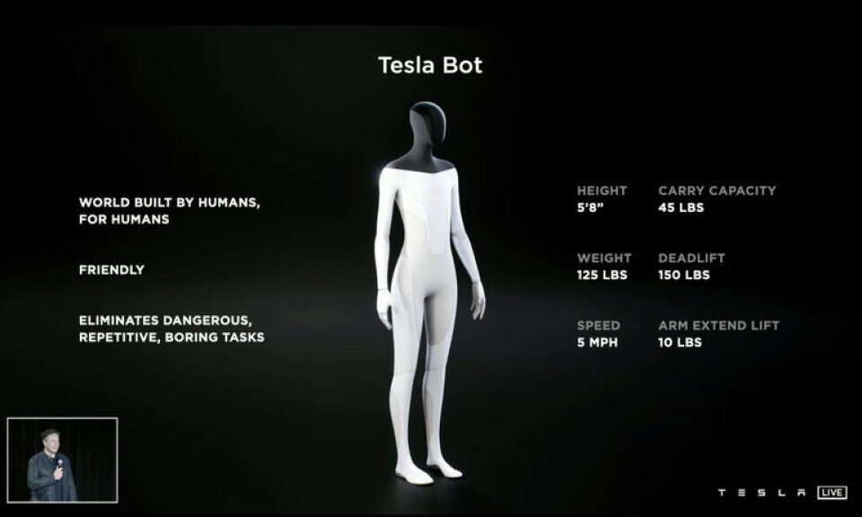 Tesla Bot, nu kallad Optimus, är en robot som Tesla ska tillverka. Foto: Skärmdump/Tesla Tesla Bot, nu kallad Optimus, är en robot som Tesla ska tillverka. Foto: Skärmdump/Tesla