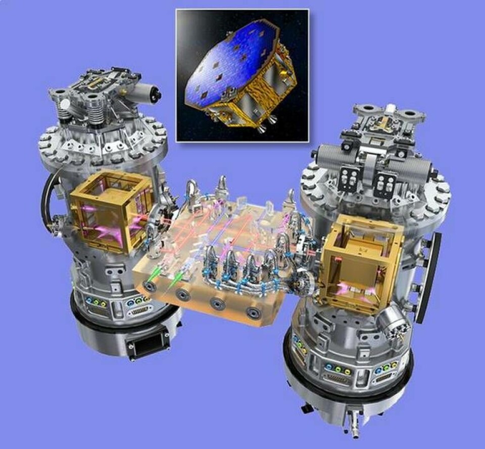 Nu testas tekniken för att detektera gravitationsvågor med två fritt svävande metallkuber i satelliten LISA Pathfinder. Foto: ESA Nu testas tekniken för att detektera gravitationsvågor med två fritt svävande metallkuber i satelliten LISA Pathfinder. Foto: ESA