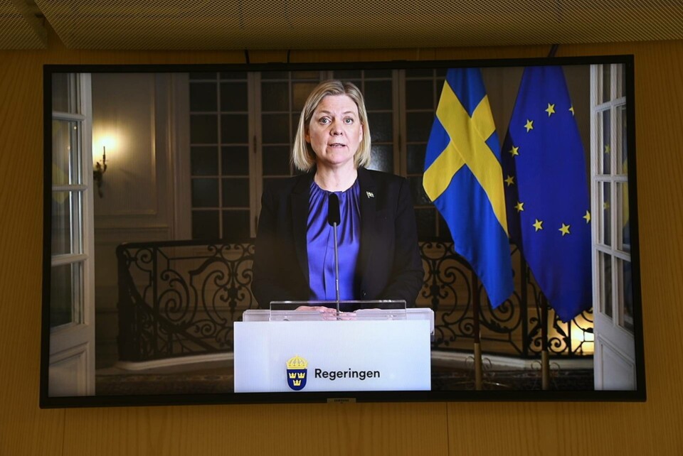 Statsminister Magdalena Andersson (S) höll tal från Sagerska huset med anledning av Rysslands väpnade angrepp på Ukraina. Foto: Fredrik Sandberg/TT Statsminister Magdalena Andersson (S) höll tal från Sagerska huset med anledning av Rysslands väpnade angrepp på Ukraina. Foto: Fredrik Sandberg/TT