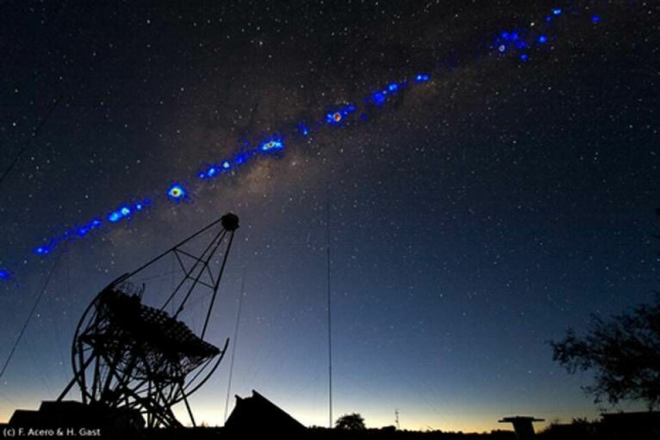 Nu börjar världens största teleskop för gammastrålar jakten på universums mörka materia. Fotomontage: F. Acero och H. Gast
