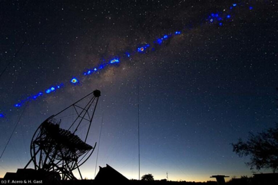Nu börjar världens största teleskop för gammastrålar jakten på universums mörka materia. Fotomontage: F. Acero och H. Gast Nu börjar världens största teleskop för gammastrålar jakten på universums mörka materia. Fotomontage: F. Acero och H. Gast