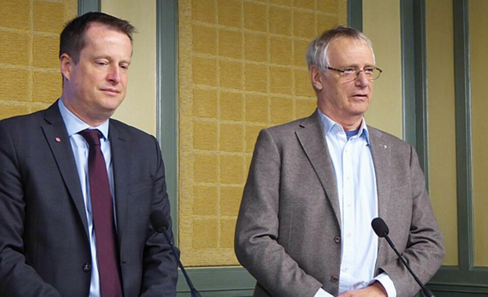 Inrikesministern Anders Ygeman (S) och Sten Heckscher under en presträff om datalagringsutredningen i Rosenbad. Foto: Björn Ewenfäl / TT