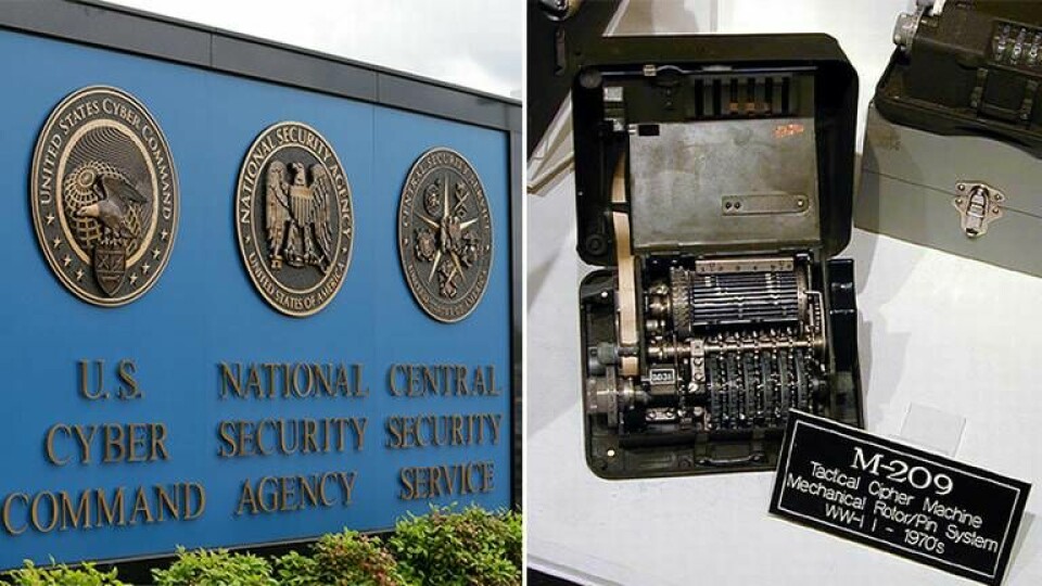 NSA:s kontor i Fort Meade, USA, och krypteringsmaskingen M-209, konstruerad av Boris Hagelin. Foto: Patrick Semansk/TT/Mike Newton/Wikimedia