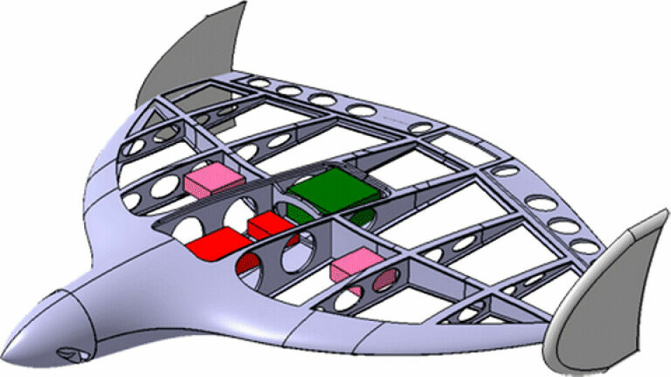 Kristian Amadori har använt sig av automatiserad konstruktion för att designa mikroflygplan. De färgade partierna är förenklade representationer av komponenter som behöver tas med för att flyga.