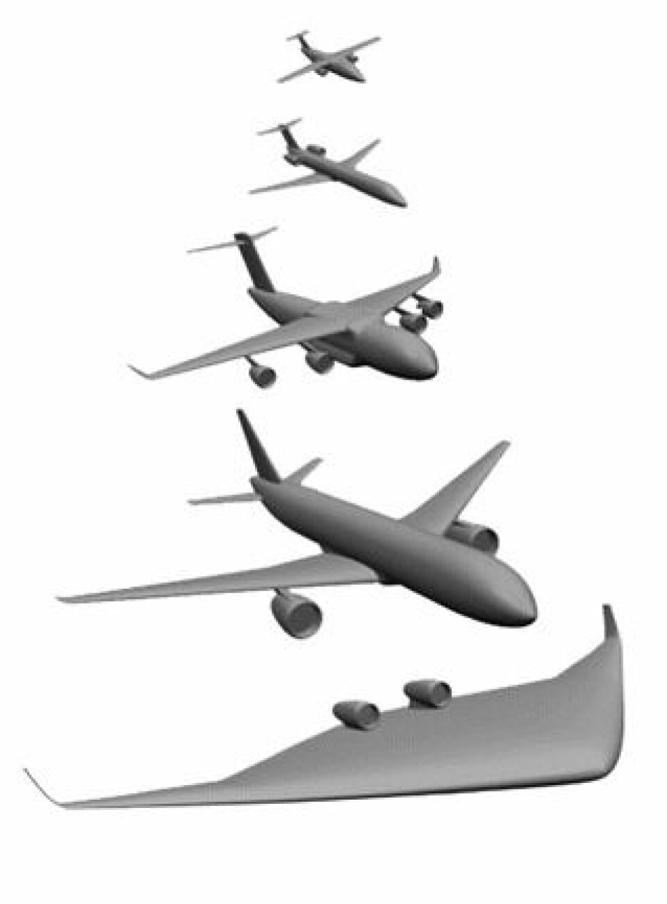 Fem helt olika flygplan kan erhållas ur samma cad-modell genom att parametrarna ändras.