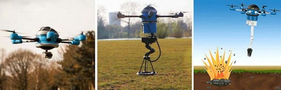 Efter kartläggning med kameror och metalldetektor placerar drönaren fjärrstyrda sprängladdningar på minorna. Foto: Mine Kafon Drone Efter kartläggning med kameror och metalldetektor placerar drönaren fjärrstyrda sprängladdningar på minorna. Foto: Mine Kafon Drone