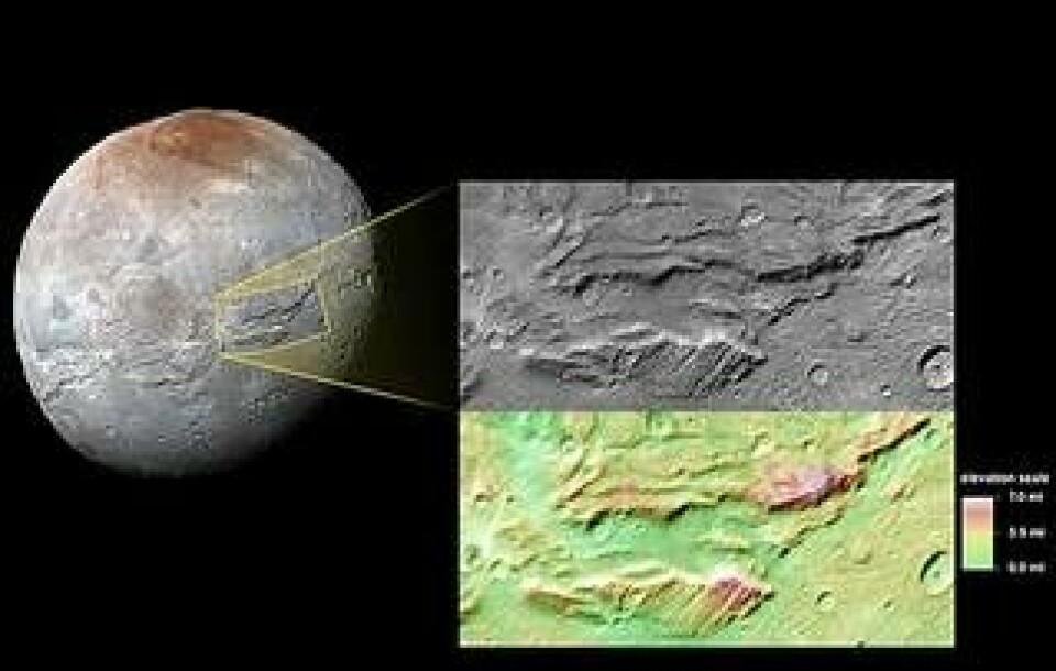 Plutos måne Karon med området som tros ha varit ett hav markerat. Foto: Nasa/JHUAPL/SwRI