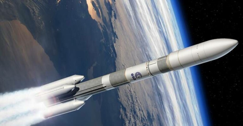 Datorframställd bild av nya raketen Ariane 6. Foto: TT/ESA Datorframställd bild av nya raketen Ariane 6. Foto: TT/ESA