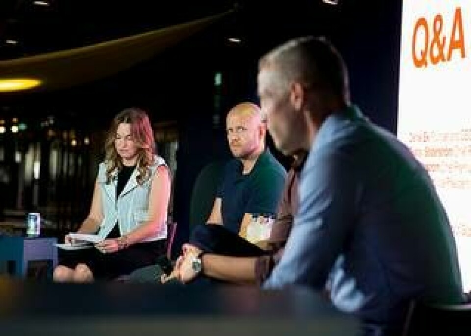 Dustee Jenkins, kommunikationschef, Daniel Ek, vd och Gustav Söderström, chef för forskning och utveckling på Spotify. Foto: Sanna Percivall