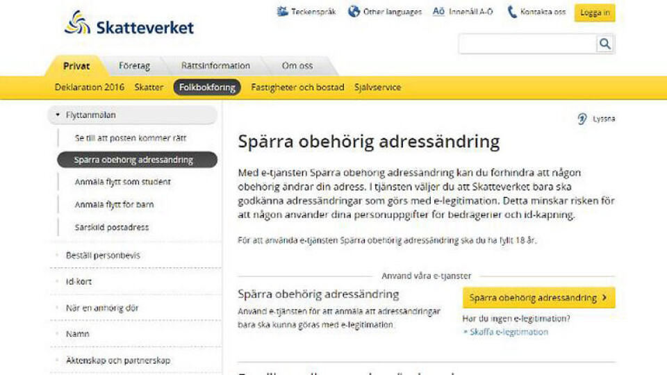 Skatteverkets nya tjänst ska stoppa id-kapningar. Skärmdump från skatteverket.se Skatteverkets nya tjänst ska stoppa id-kapningar. Skärmdump från skatteverket.se