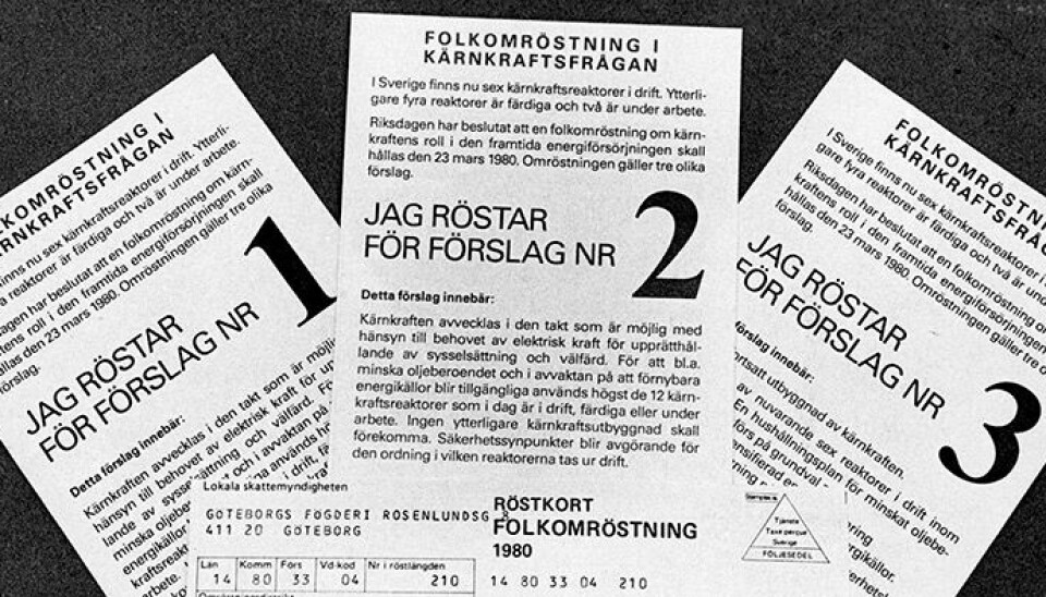Valsedlarna till folkomröstningen om kärnkraft år 1980. Foto: PER KLAESSON/TT