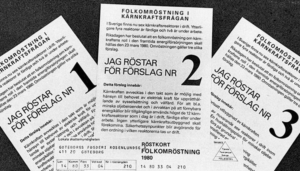 Valsedlarna till folkomröstningen om kärnkraft år 1980. Foto: PER KLAESSON/TT Valsedlarna till folkomröstningen om kärnkraft år 1980. Foto: PER KLAESSON/TT