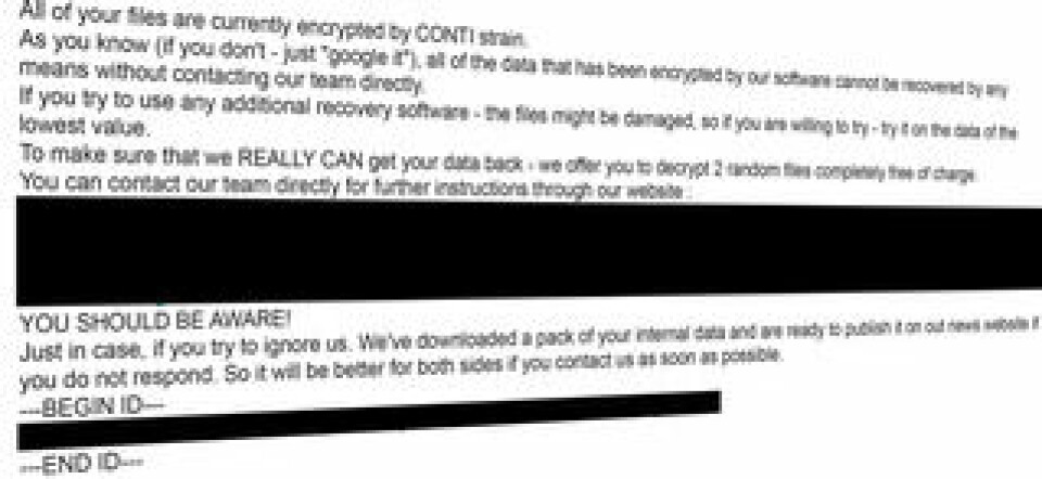 På de krypterade Nordic Choice-datorerna lämnades en textfil där hackarna hänvisade till en sajt på dark web för fortsatt korrespondens. Foto: Digi.no