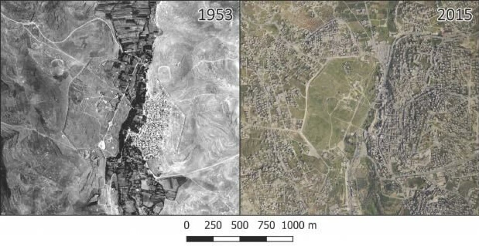 Bilder från laserskanning och satellit som jämför stadsbebyggelsen 1953 och 2015. Foto: PNAS Bilder från laserskanning och satellit som jämför stadsbebyggelsen 1953 och 2015. Foto: PNAS