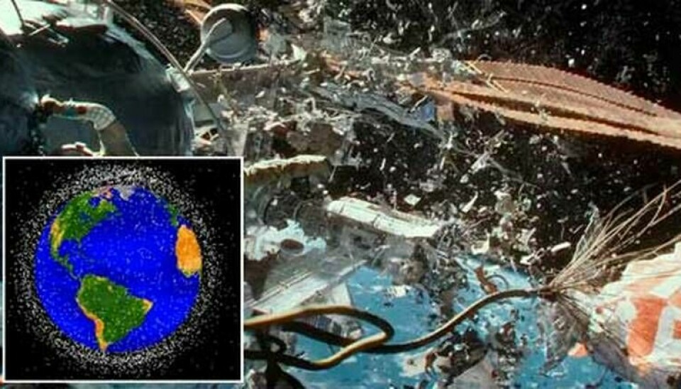 I filmen Gravity förstörs en rymdstation av en krock med några av de flera hundra tusen skrotföremål som cirklar runt jorden. Foto: Warner Bros & Nasa