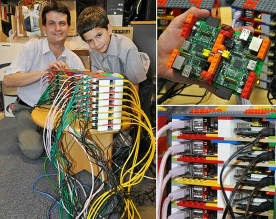 Datorprofessorn Simon Cox och Legoexperten James Cox har monterat ihop 64 Raspberry Pi-datorer till en superdator. Foto: Simon Cox