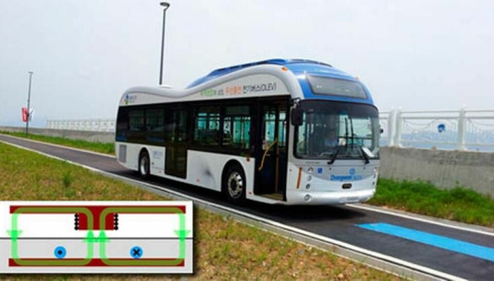 Ledningar nedgrävda i vägbanan ger ett magnetfält som omvandlas till elektricitet i bussen. Foto: KAIST