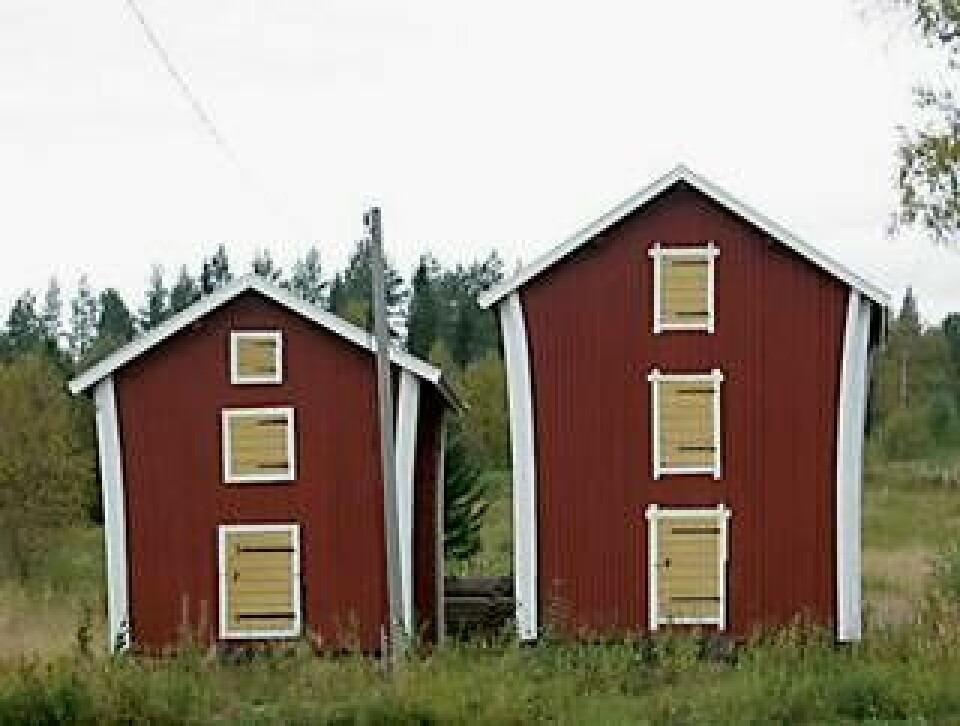 Rödfärgade aittor, förrådshus, i Vitsaniemi, Tornedalen. Foto: Kaianders Sempler