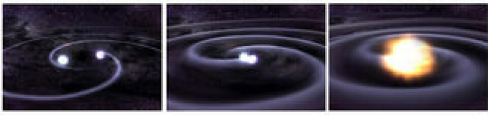 Två svarta hål som smäller samman och bildar ett enda. Det är enligt ryktena det som genererat gravitationsvågor som nu kan ha detekterats. Foto: Ligo