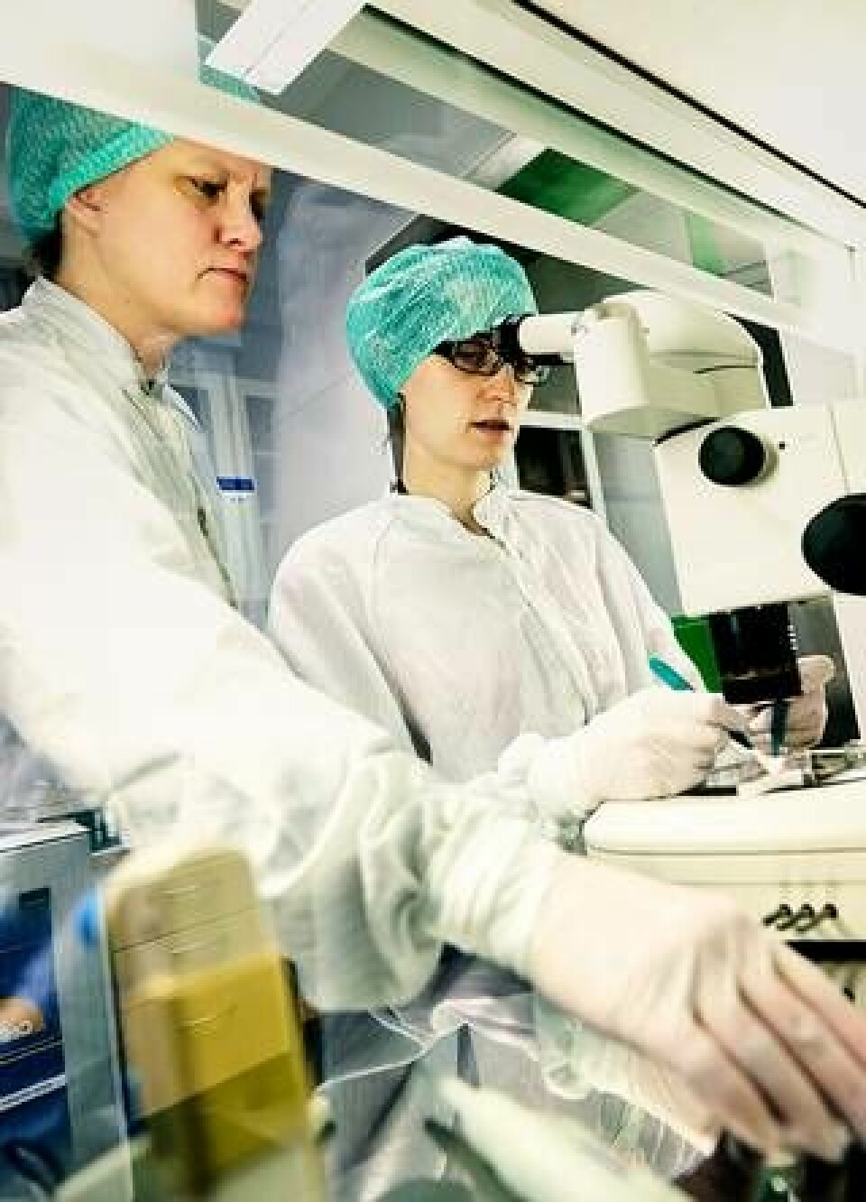 I renrummet på Karolinska i Huddinge arbetar Liselotte Antonsson och Sonya Stenfelt med att få de säkra stamcellerna att utvecklas till samma celler som finns i näthinnans pigmentepitel. Det är de som bryts ner vid åldersförändringar i gula fläcken. Genom att injicera dem i ögat hoppas forskarna kunna behandla sjukdomen. Foto: Jörgen Hildebrandt