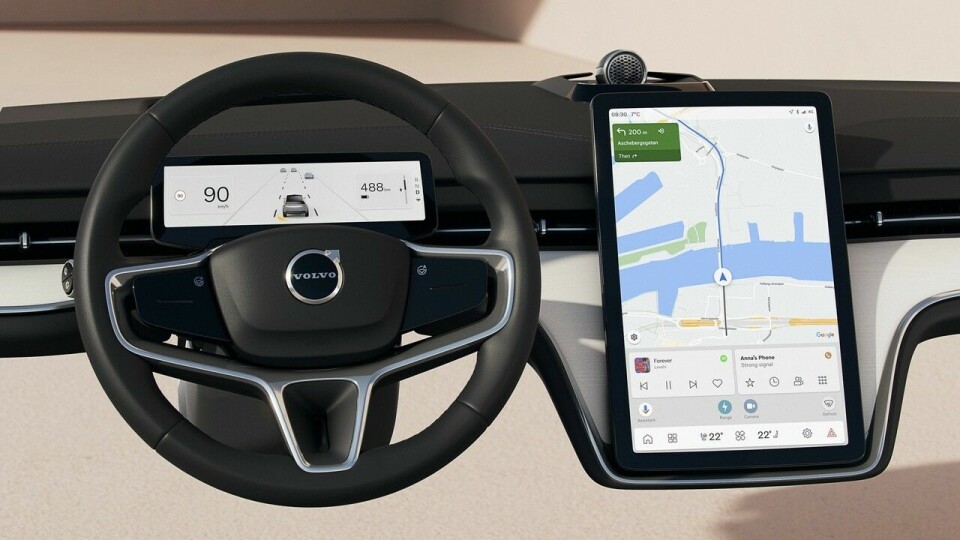 Den stora skärmen i Volvo EX90 ska visa information ”situationsbaserad”, beroende på om bilen är parkerad, om det är under färd, om föraren talar i telefon, och annat. Foto: Volvo Cars