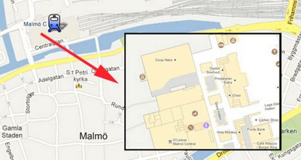Zooma in Malmös järnvägsstation i Googles karttjänst så öppnas en inomhuskarta över stationen. Foto: Google Maps Zooma in Malmös järnvägsstation i Googles karttjänst så öppnas en inomhuskarta över stationen. Foto: Google Maps