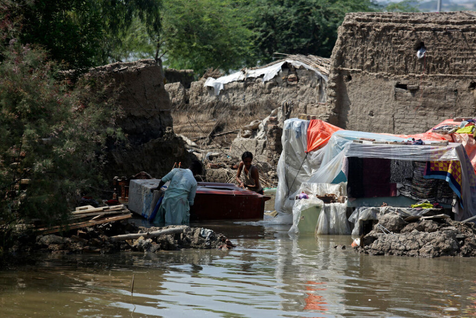 I provinsen Sindh i Pakistan försöker människor samla ihop sina ägodelar efter att översvämningar lagt stora områden under vatten. Bilden är från slutet av augusti. Foto: Fareed Khan/AP/TT I provinsen Sindh i Pakistan försöker människor samla ihop sina ägodelar efter att översvämningar lagt stora områden under vatten. Bilden är från slutet av augusti. Foto: Fareed Khan/AP/TT