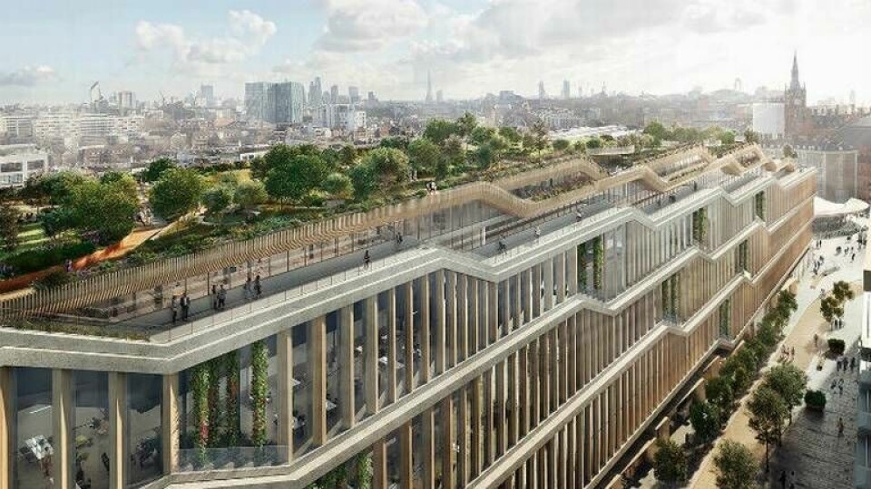 På taket på Googles nya skrytbygge i London finns bland annat trädgårdar och ett 200 meter långt löpspår. Foto: Bjarke Ingels Group and Heatherwick