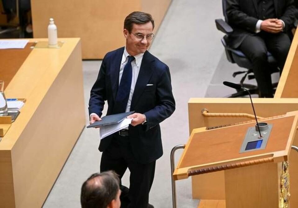 Ulf Kristersson (M) under sin regeringsförklaring i kammaren på tisdagen. Foto: Fredrik Sandberg/TT