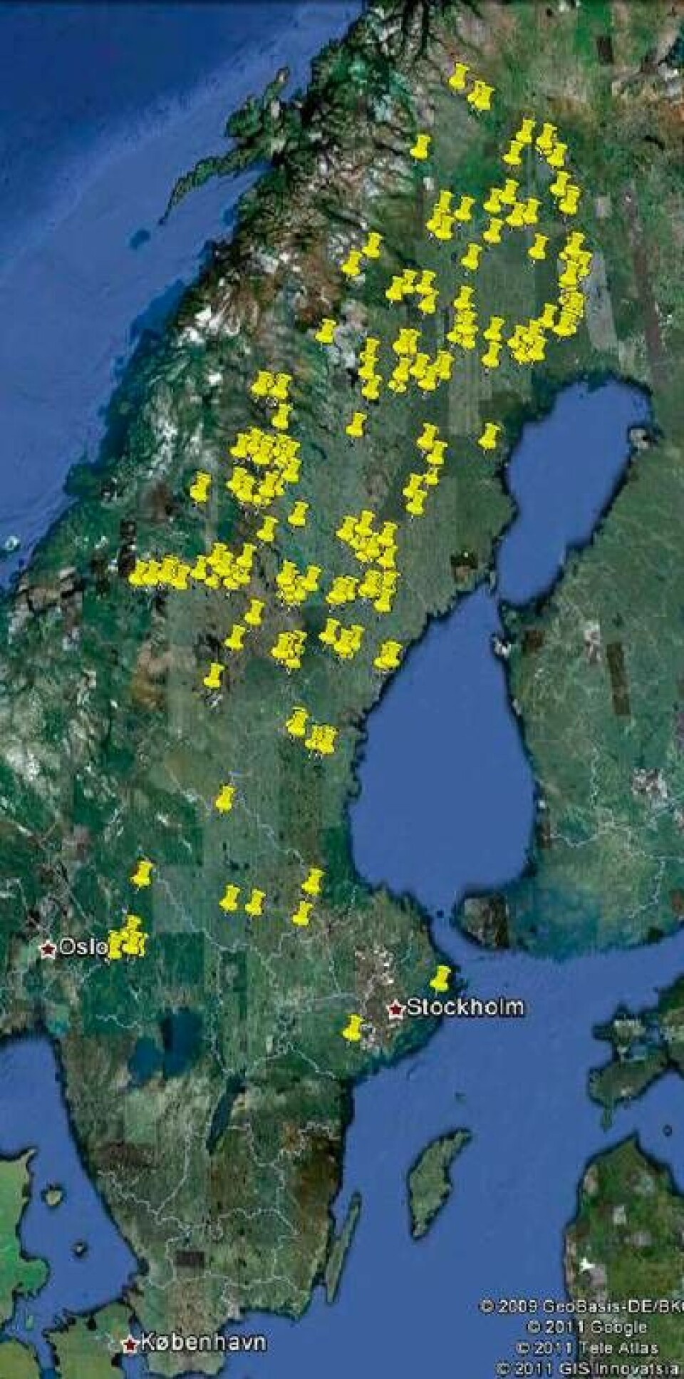 Kartan visar de 266 platser i Sverige där det i dag inte går att teckna ett bredbandsabonnemang. Grafik:PTS