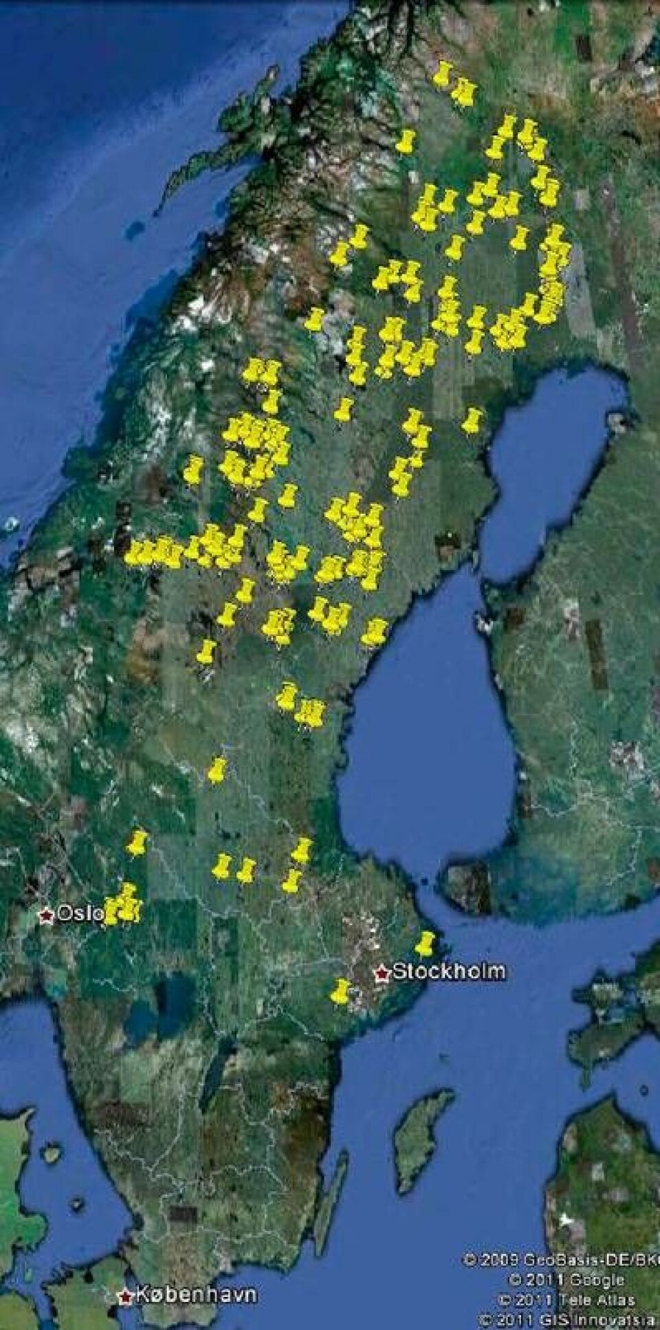 Kartan visar de 266 platser i Sverige där det i dag inte går att teckna ett bredbandsabonnemang. Grafik:PTS Kartan visar de 266 platser i Sverige där det i dag inte går att teckna ett bredbandsabonnemang. Grafik:PTS