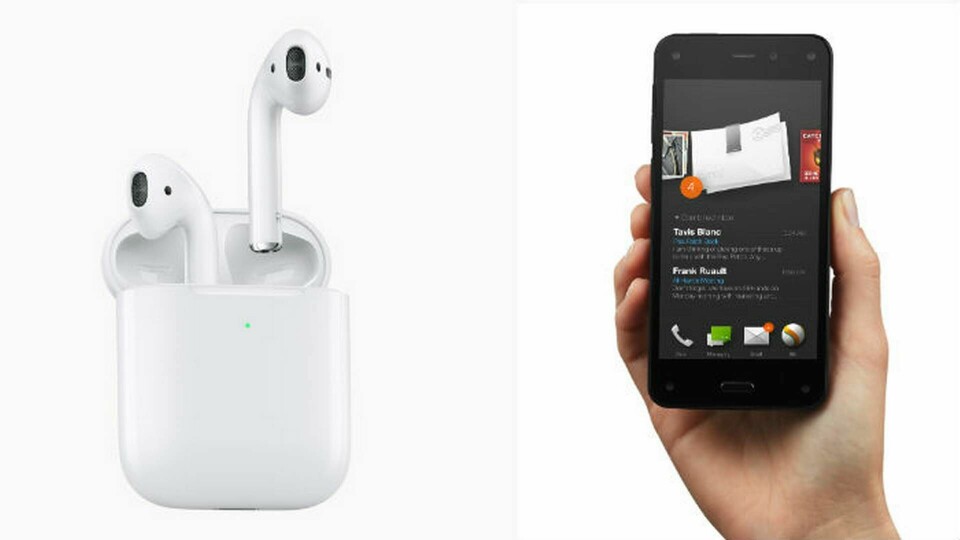 Amazon ska ta upp kampen med Apples trådlösa hörlurar, enligt källor. E-handelsjätten är sugen revansch efter floppen med mobilen Fire Phone (höger i bild). Foto: Amazon/Apple