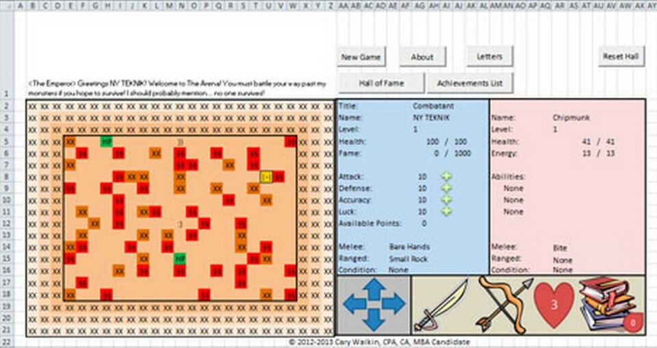 Rollspelet Arena.Xlsm som körs i kalkylprogrammet Excel har utvecklats av en dataspelande revisor. Rollspelet Arena.Xlsm som körs i kalkylprogrammet Excel har utvecklats av en dataspelande revisor.