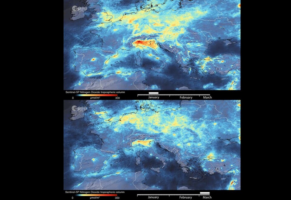 ESA har nu släppt sitt kartverktyg över halten kvävedioxid i atmosfären fritt. Här är en tidigare bild över utsläppen i norra Italien. Foto: ESA ESA har nu släppt sitt kartverktyg över halten kvävedioxid i atmosfären fritt. Här är en tidigare bild över utsläppen i norra Italien. Foto: ESA