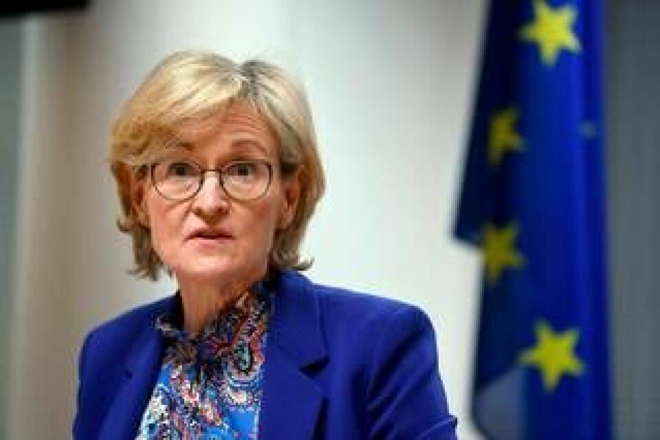 EU:s finansmarknadskommissionär Mairead McGuinness är ansvarig för förslaget om att klassa investeringar i kärnkraft och naturgas som klimatmässigt hållbara. Arkivfoto. Foto: Antti Aimo-Koivisto/AP/TT