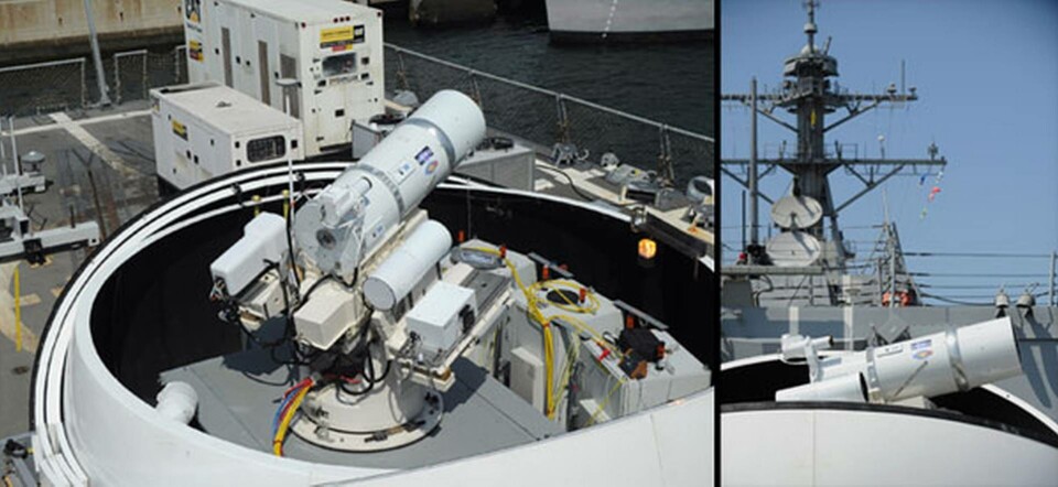 Laserkanonen på 30 kW använder sex kommersiella svetslasrar vars ljus koncentreras i en punkt. Foto: US Navy Laserkanonen på 30 kW använder sex kommersiella svetslasrar vars ljus koncentreras i en punkt. Foto: US Navy