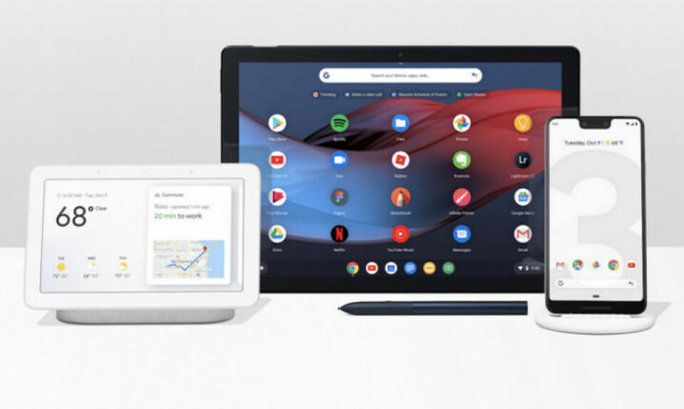 Surfplattan Pixel Slate, smarta högtalaren Google Home Hub och nya telefonen Pixel 3. Foto: Google