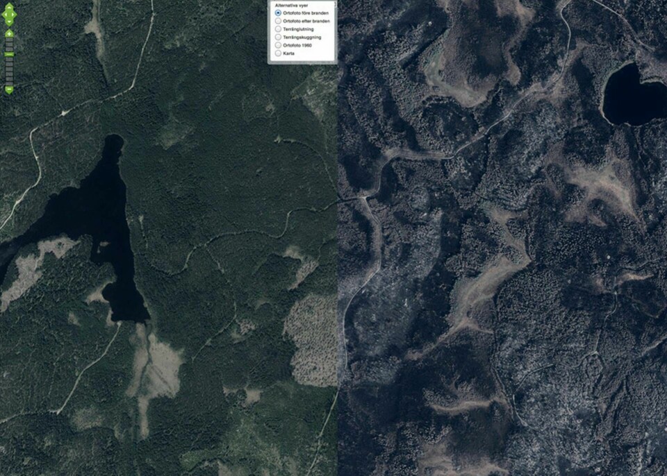 Bilder före och efter den stora skogsbranden i Västmanland som startade i den 31 juli 2014. Foto: Lantmäteriet