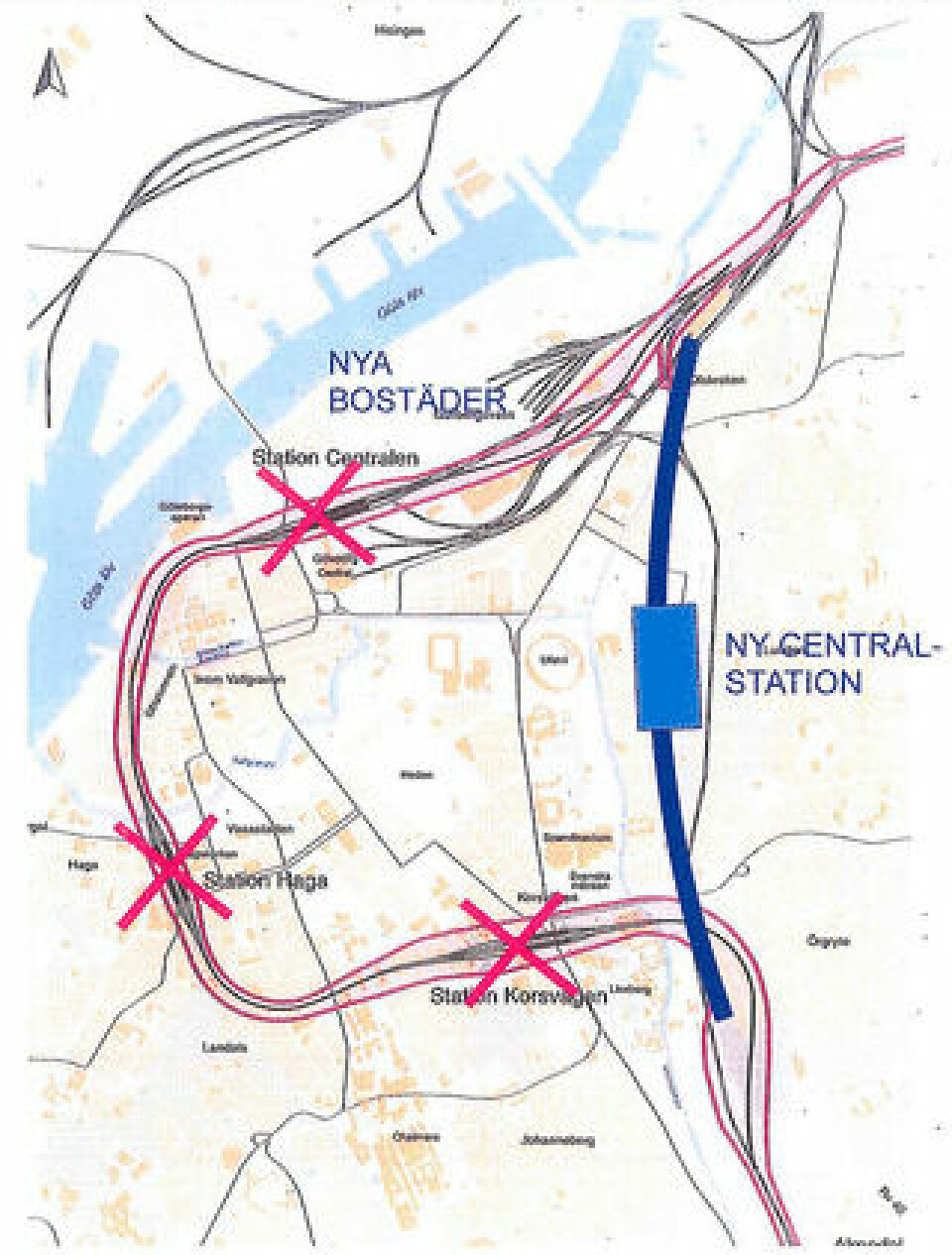 Förslaget Gårdalänken (i blått) innebär att centralstationen i Göteborg flyttas till Gårda och den nya järnvägen ges en rakare dragning än i Västlänken (i rosa).