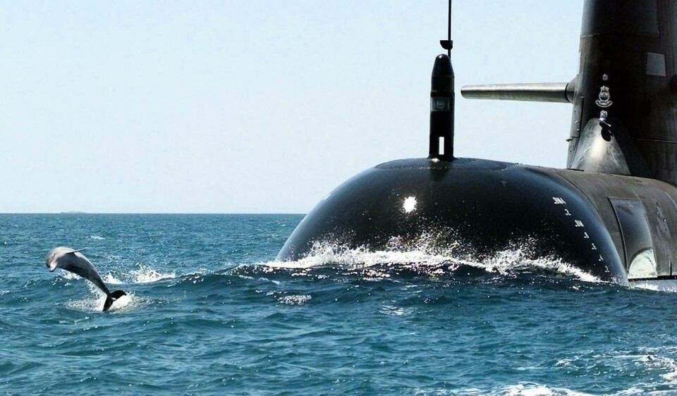 En delfin tar ett skutt framför australiska HMAS Dechaineux, en av de sex ubåtar som ritats och delvis byggts i Sverige. Arkivbild. Foto: Don Lindsay/AP/TT En delfin tar ett skutt framför australiska HMAS Dechaineux, en av de sex ubåtar som ritats och delvis byggts i Sverige. Arkivbild. Foto: Don Lindsay/AP/TT