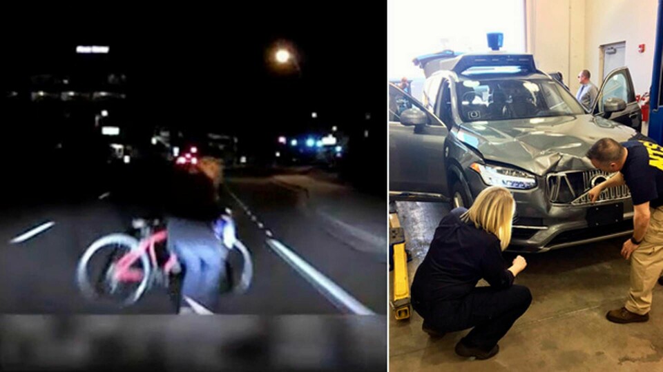 Polisens film (bilden till vänster) visar förarens vy sekunderna innan dödskraschen. Till höger: Volvo-suven undersöks av utredare efter dödsolyckan i Arizona.