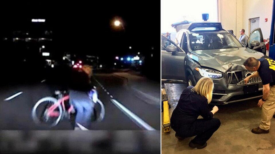Polisens film (bilden till vänster) visar förarens vy sekunderna innan dödskraschen. Till höger: Volvo-suven undersöks av utredare efter dödsolyckan i Arizona. Polisens film (bilden till vänster) visar förarens vy sekunderna innan dödskraschen. Till höger: Volvo-suven undersöks av utredare efter dödsolyckan i Arizona.